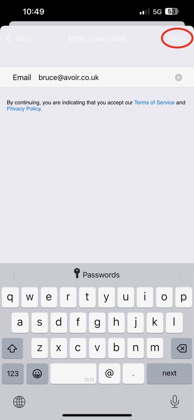 The email entry screen with the Next button circled